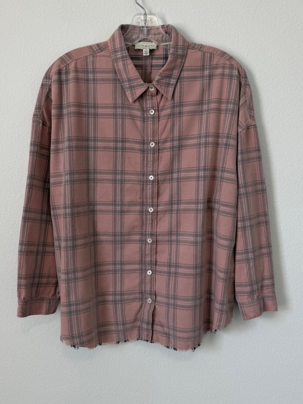 Lucky Brand Long Sleeve Button Front Raw Hem Plaid Corduroy Shirt Women's Size L